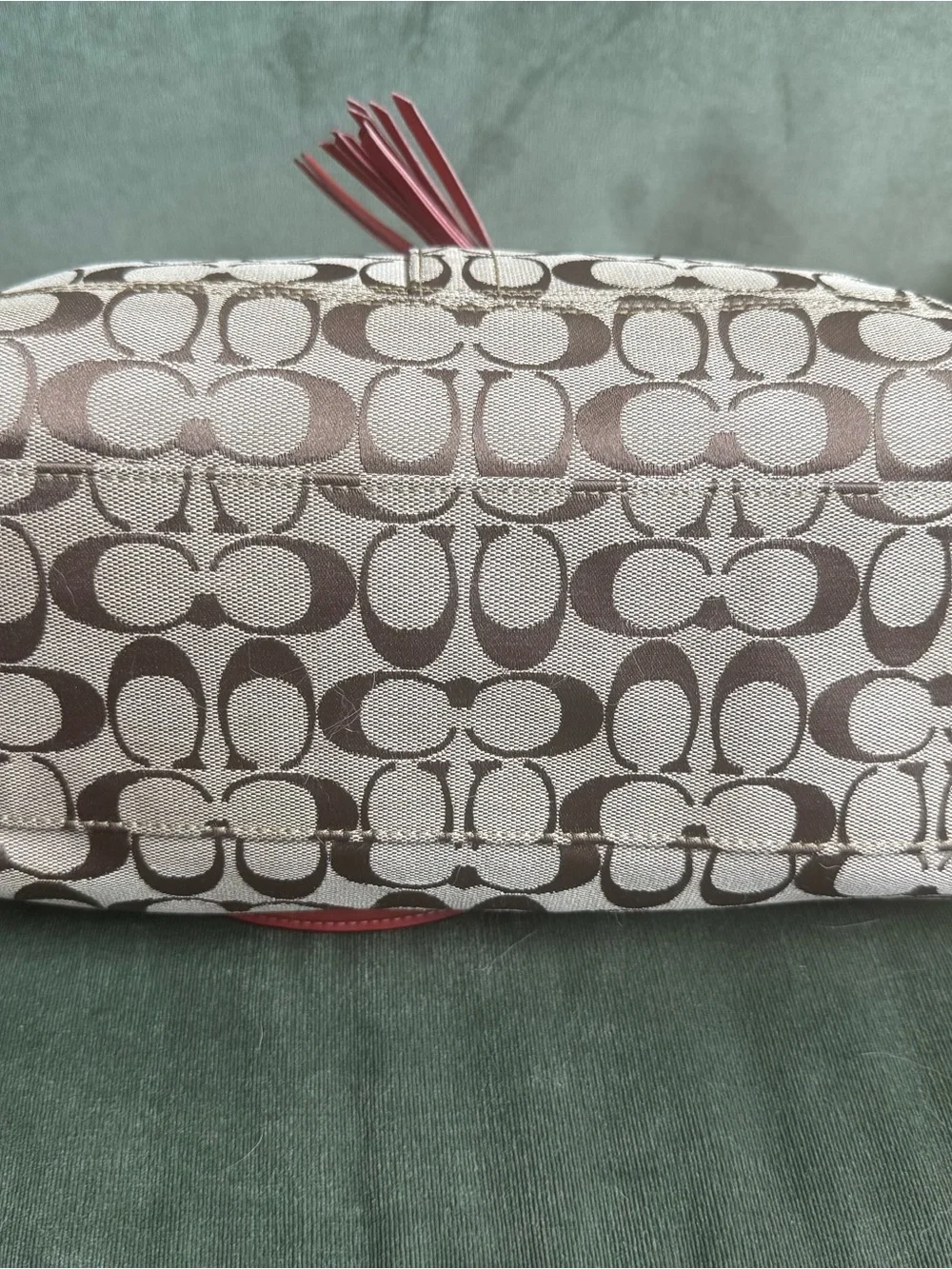 Coach Tan Signature Canvas Tote with Coral Leather Trim
